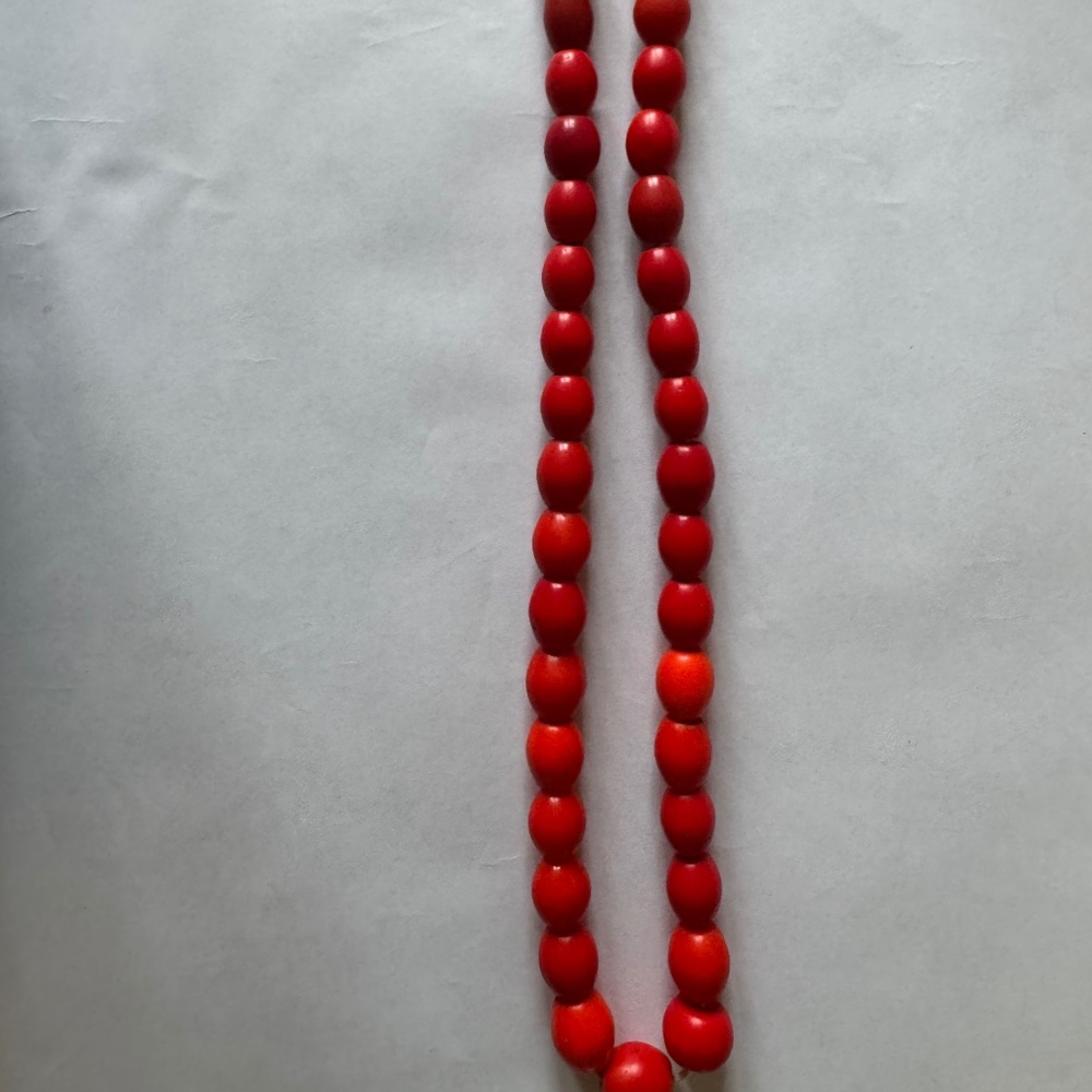 Red trade bead necklace with cotton tie clasp